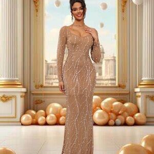 Glamorous Long Sleeve Tan Dress with Embellishments